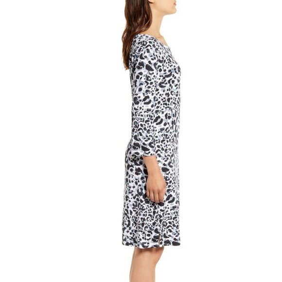 Tommy Bahama Shift Dress Medium Black Leopard White Scoop Neck Stretch - Picture 7 of 9
